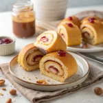Peanut butter and jelly rolls sliced to reveal creamy peanut butter and jelly swirl