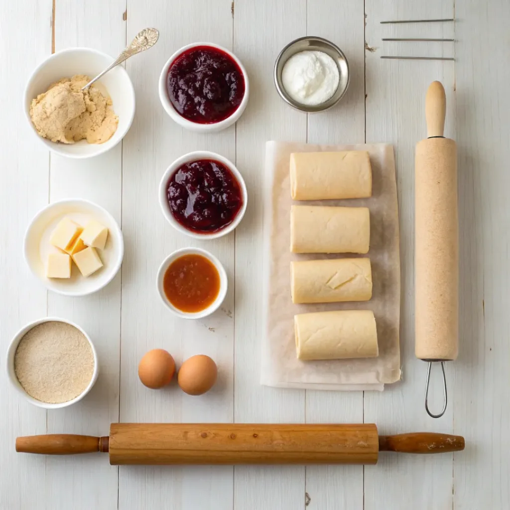 Flat lay of peanut butter and jelly roll ingredients including dough, peanut butter, and fruit jelly