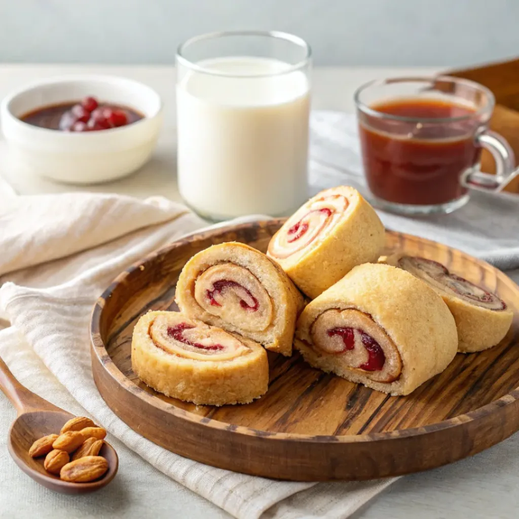 Golden peanut butter and jelly rolls served on a plate with visible filling