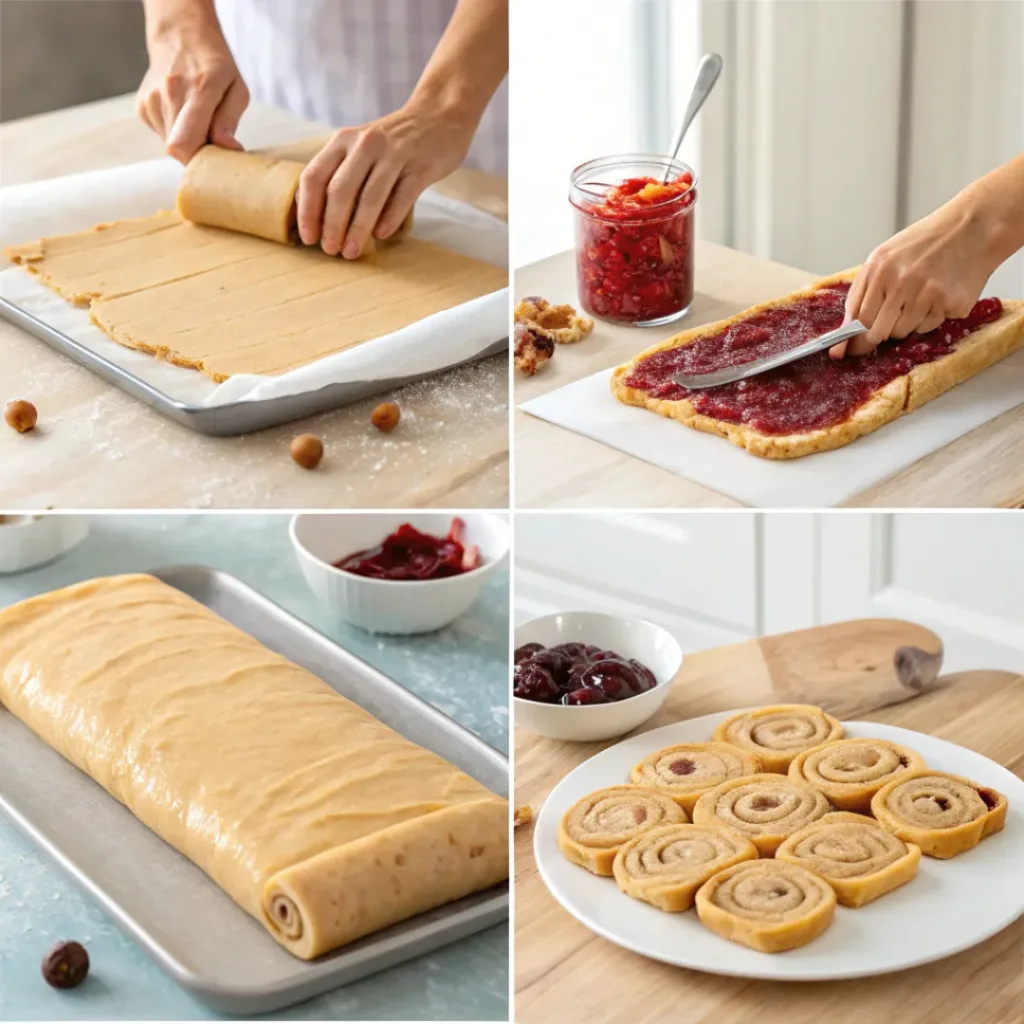Four-panel collage showing rolling dough, spreading peanut butter and jelly, slicing, and baking rolls
