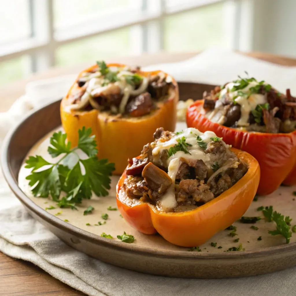 Bell peppers stuffed with beef, onions, mushrooms, and melted cheese