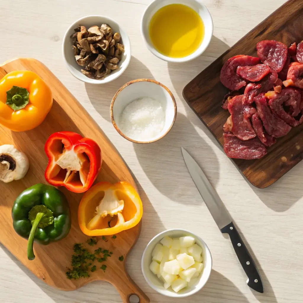 Philly Cheesesteak Stuffed Peppers Ingredients Flat Lay