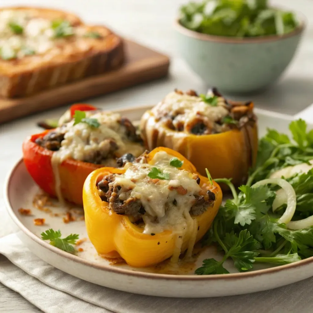 Philly cheesesteak stuffed peppers served with melted cheese and parsley