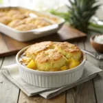 Freshly baked pineapple cobbler with golden topping in a ceramic dish