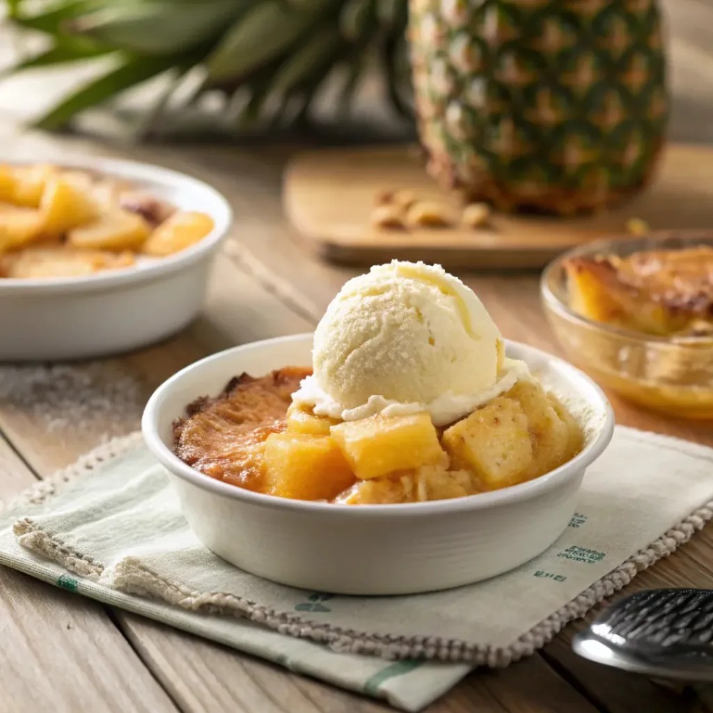 Serving of pineapple cobbler topped with vanilla ice cream