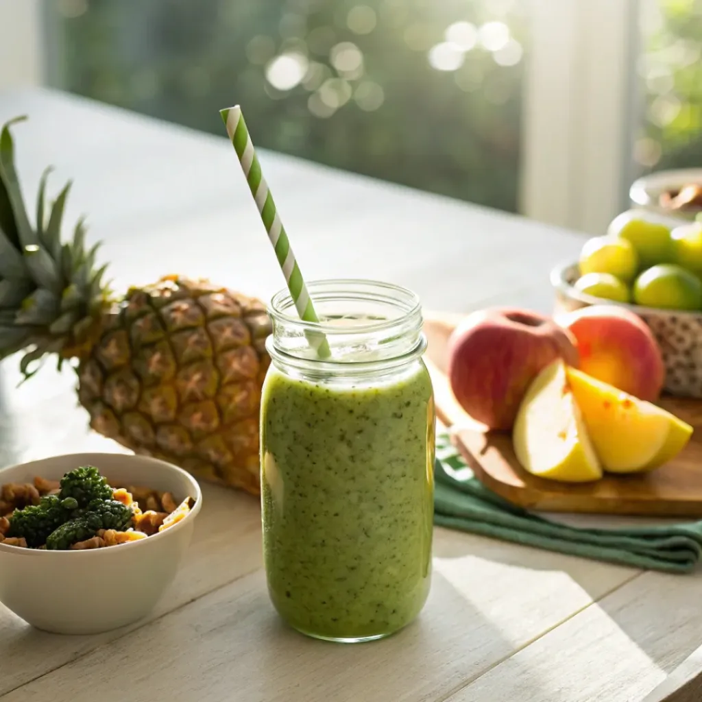 Pineapple kale smoothie served with fruits and granola breakfast