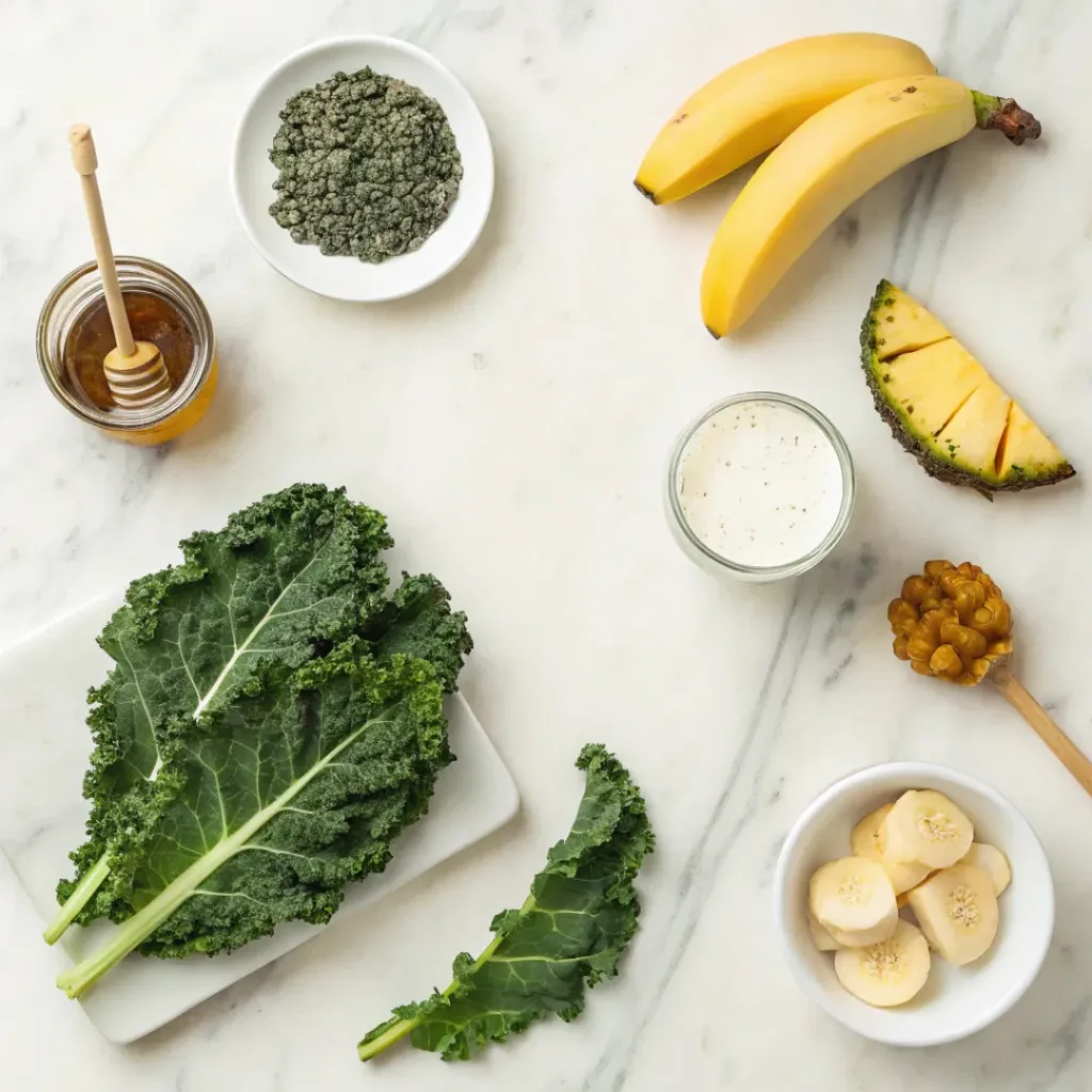 Flat lay of kale, pineapple, banana, yogurt, and smoothie ingredients