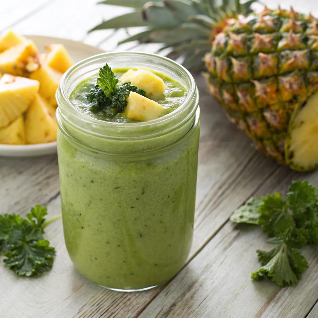 Green pineapple kale smoothie in glass jar with fruit garnish