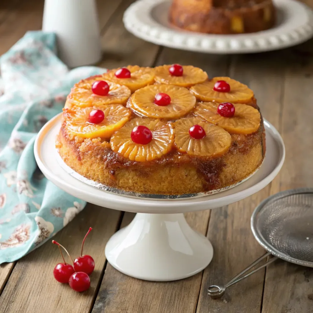 Pineapple upside down cake with caramelized pineapple rings and cherries on top