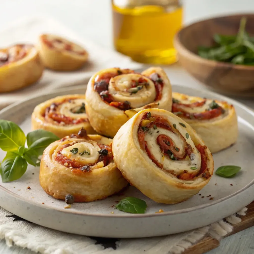 Pizza pinwheels with melted cheese and tomato sauce arranged on a plate