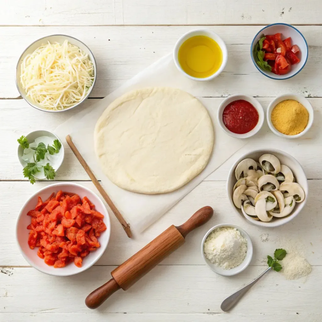 Flat lay of pizza pinwheel ingredients including pizza dough, cheese, vegetables, and sauce