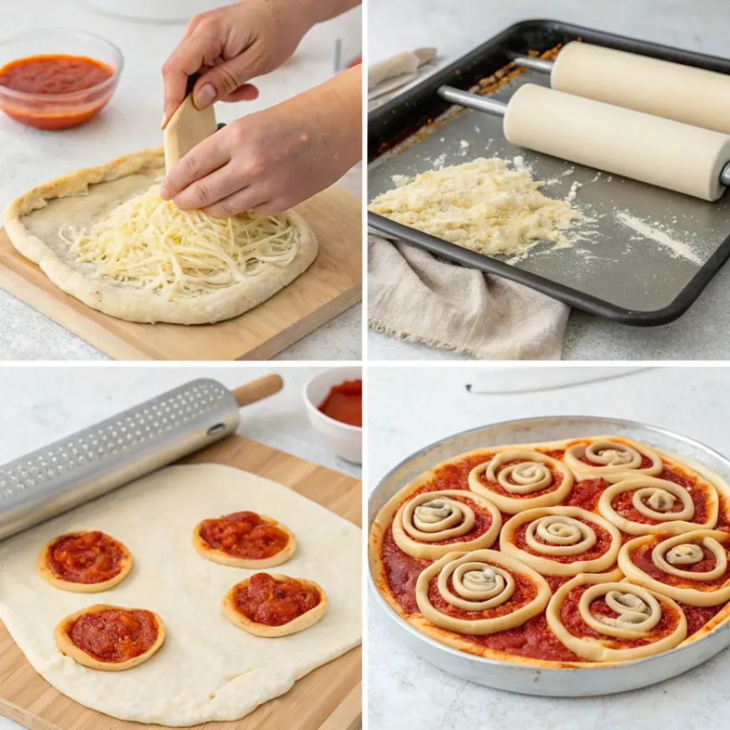 Four-panel collage showing rolling dough, adding toppings, slicing, and baking pizza pinwheels