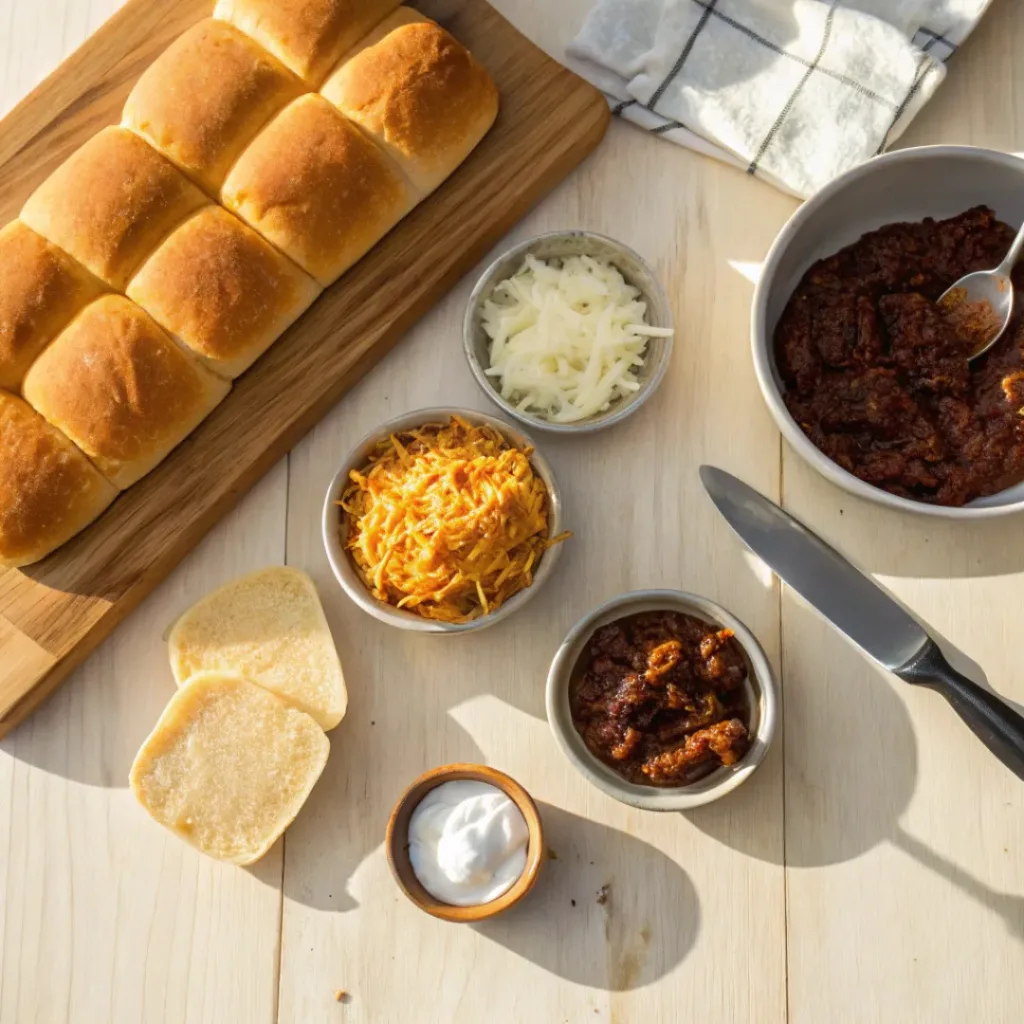 Flat lay of bread dough, chili, cheese, and spices for pull apart bread