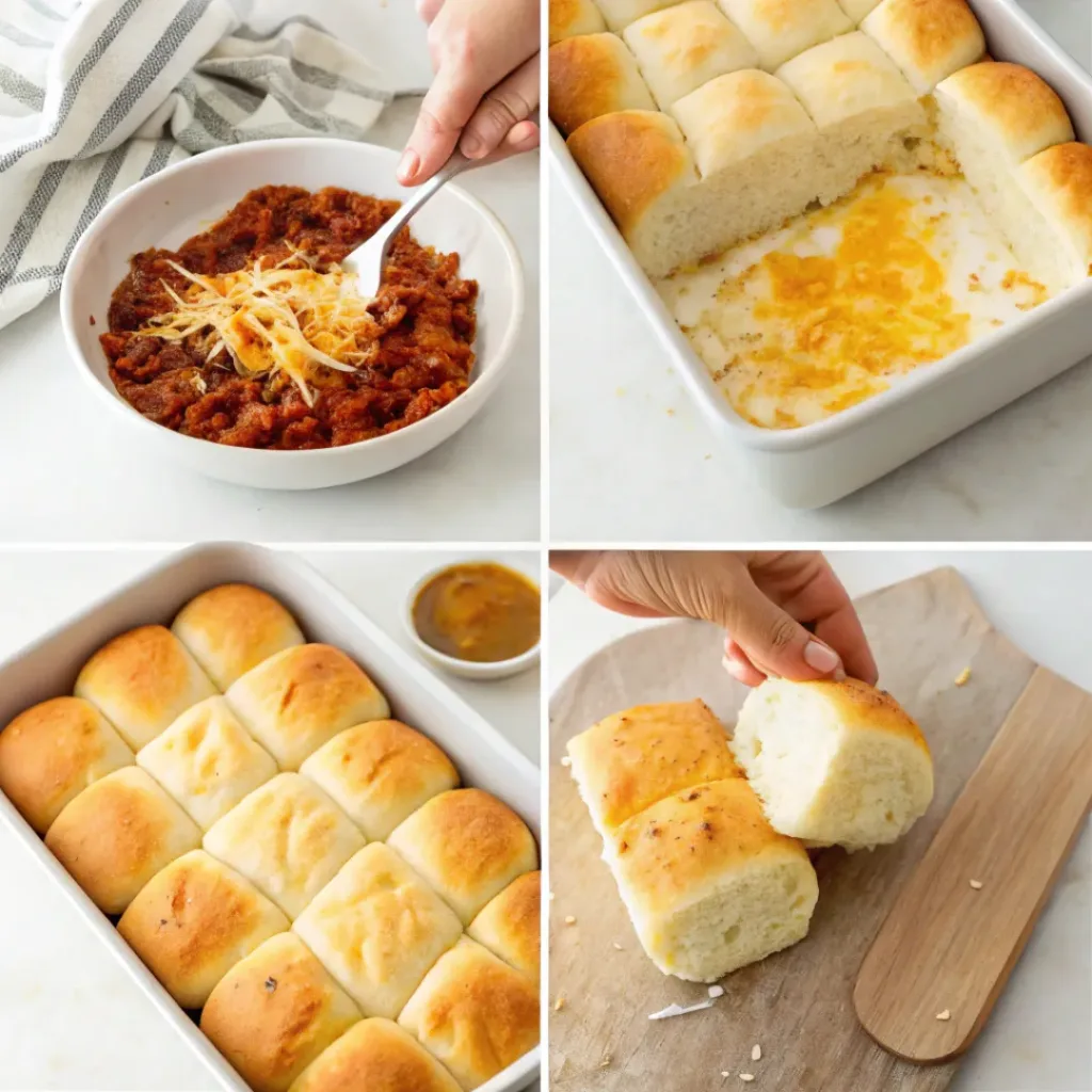 Four-panel collage showing preparing bread, adding chili and cheese, assembling, and baked pull apart bread