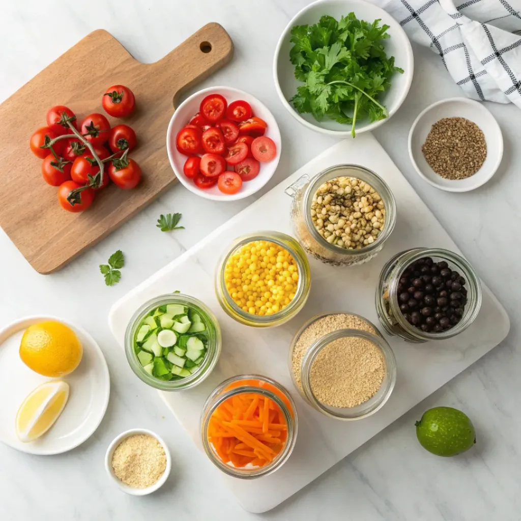 Flat lay of quinoa, vegetables, herbs, and seasonings for salad jars