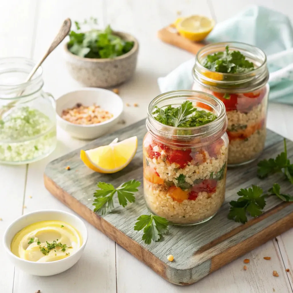 Quinoa salad jars with colorful vegetables served with lemon wedges