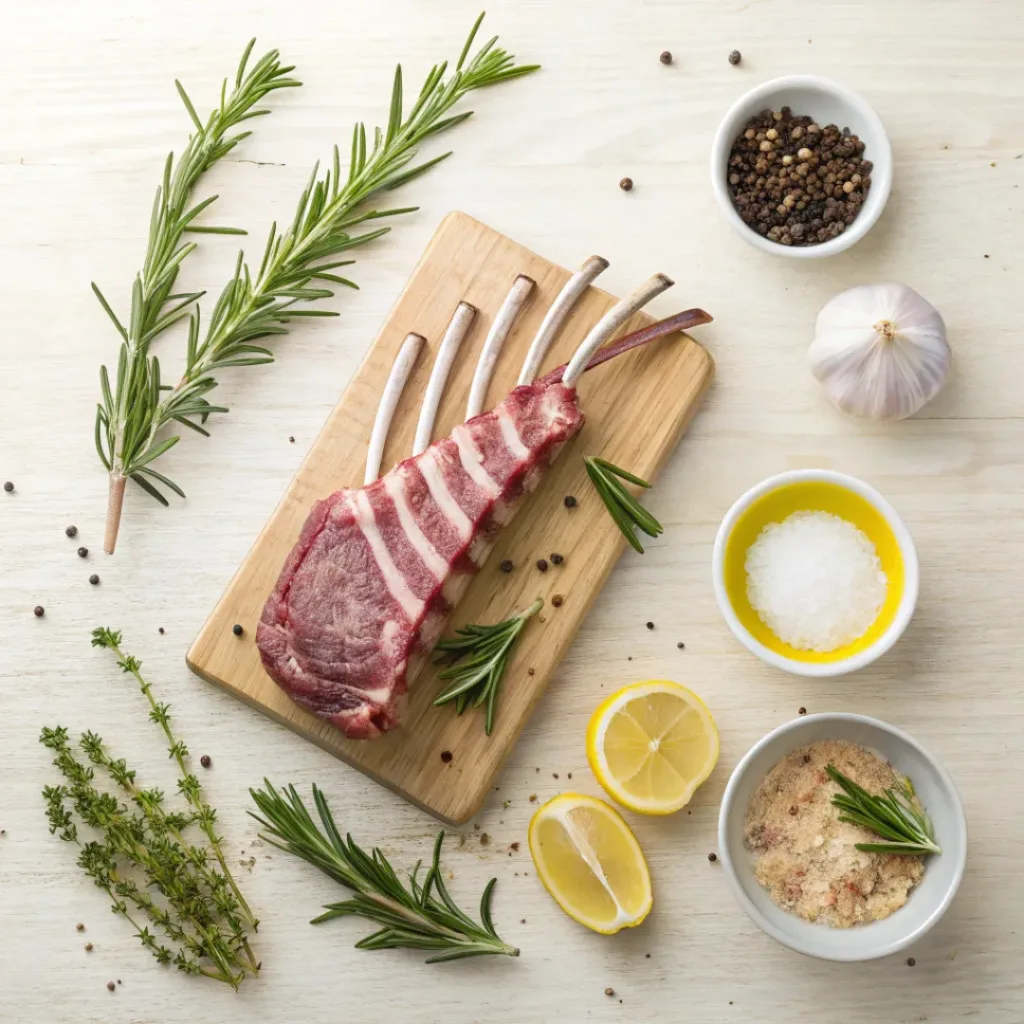 Flat lay of ingredients for roasted rack of lamb including rosemary, garlic, olive oil, and spices