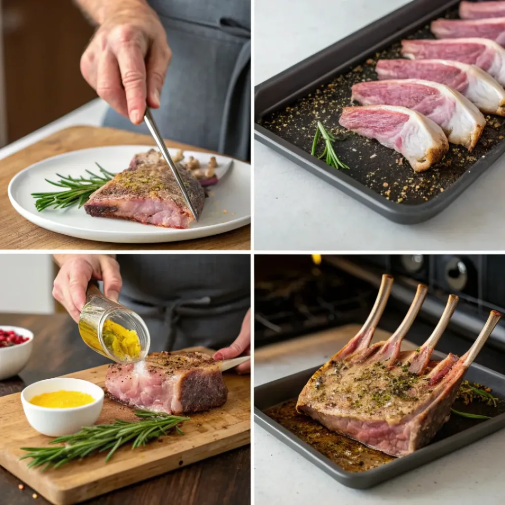Four-panel collage showing how to season, roast, and slice a rack of lamb