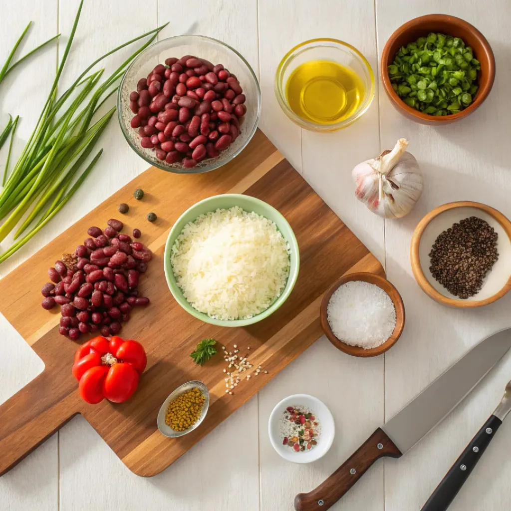 Flat lay of red beans, rice, vegetables, garlic, and spices for red beans and rice