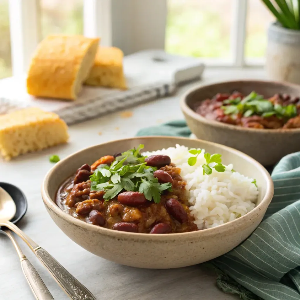 Red beans and rice served with green onions and parsley garnish