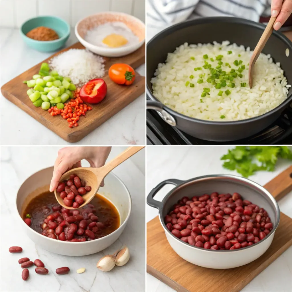 Four-panel collage showing sautéing vegetables, simmering beans, and serving over rice
