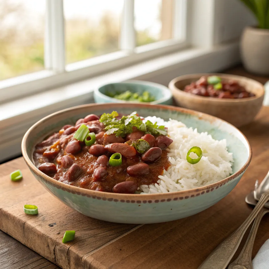 Bowl of red beans and rice garnished with green onions and parsley