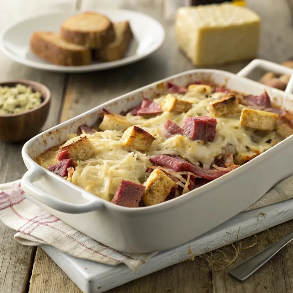 Baked Reuben casserole with corned beef, sauerkraut, Swiss cheese, and rye bread