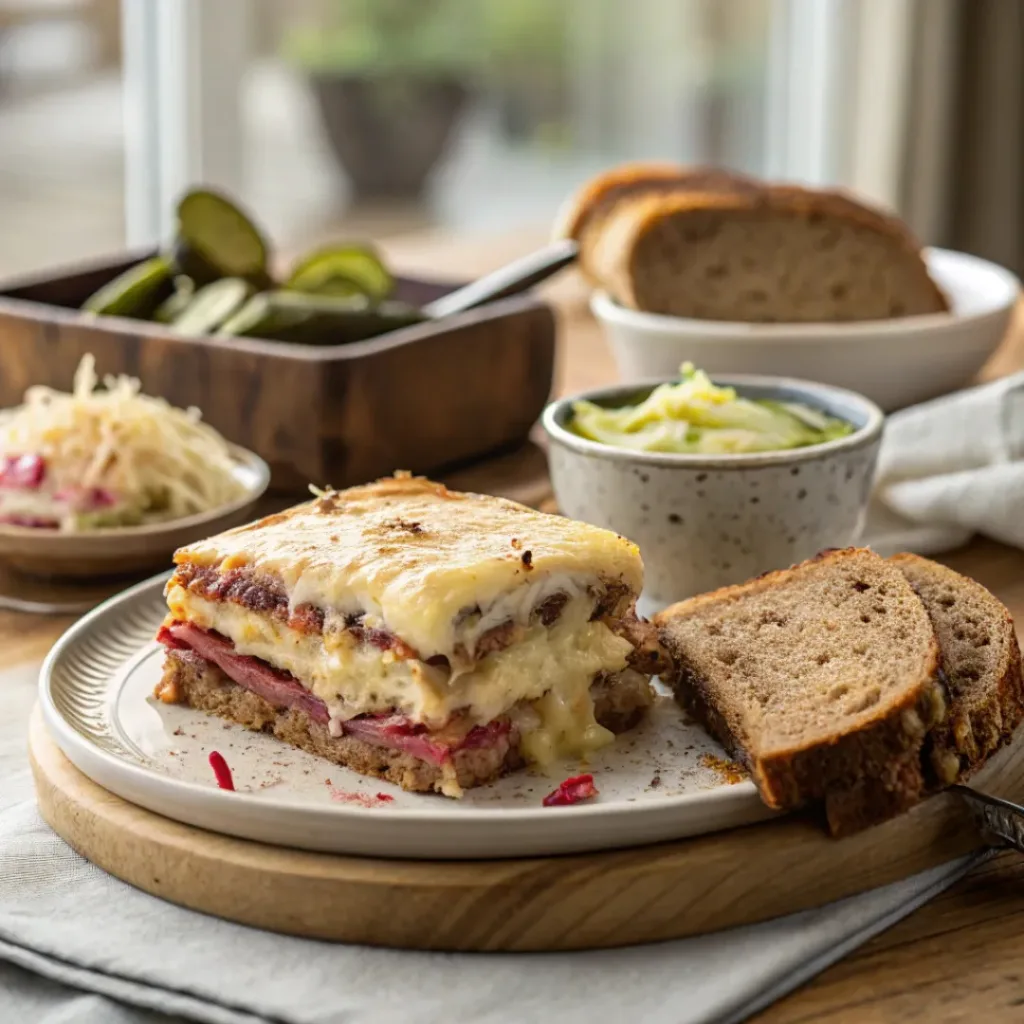 Serving of Reuben casserole paired with pickles and coleslaw