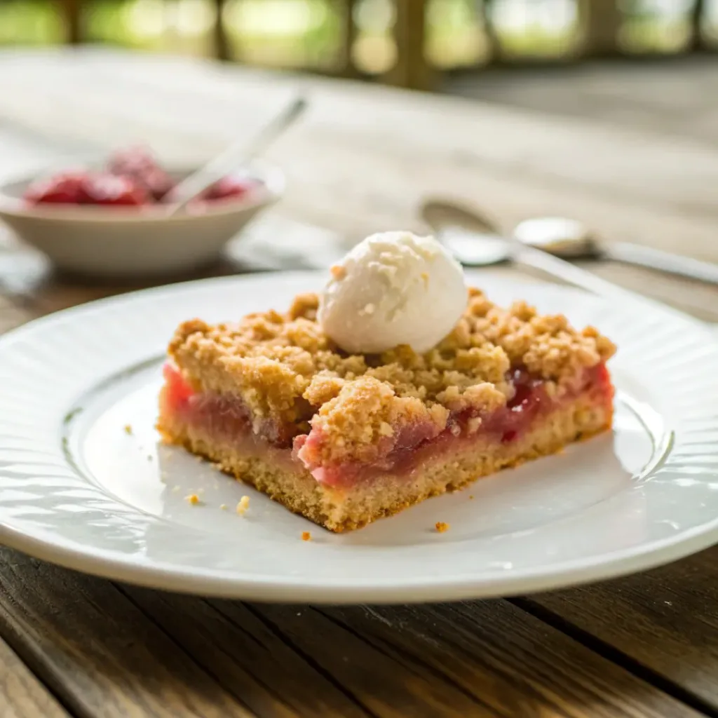 Rhubarb crumble bar served with whipped cream or vanilla ice cream