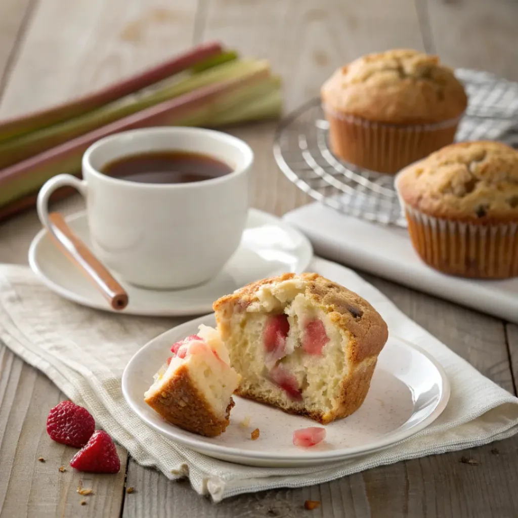Rhubarb muffin cut in half, served with tea or coffee