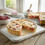Homemade rhubarb pie with lattice crust and sugar topping