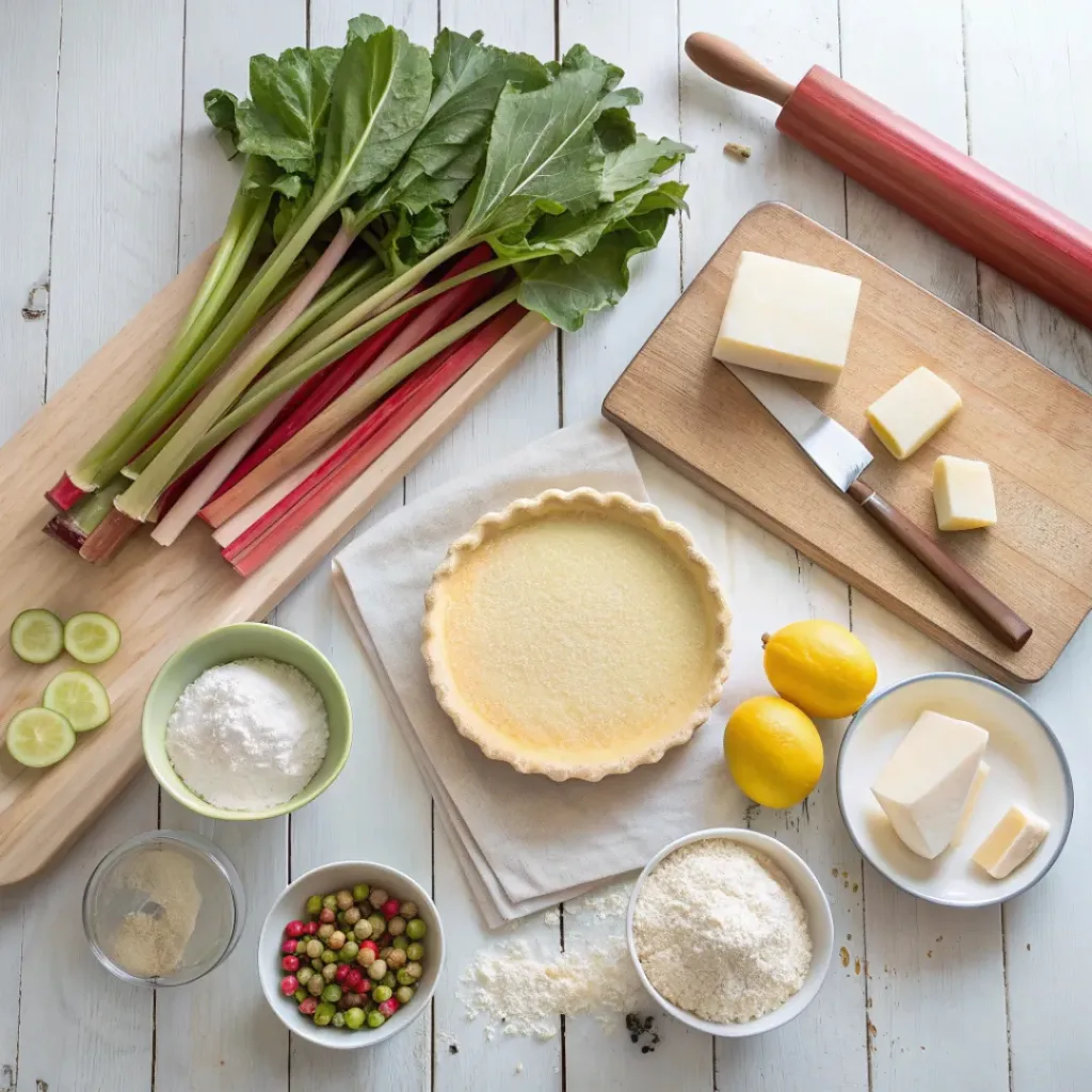 Flat lay of rhubarb, sugar, flour, butter, and pie ingredients