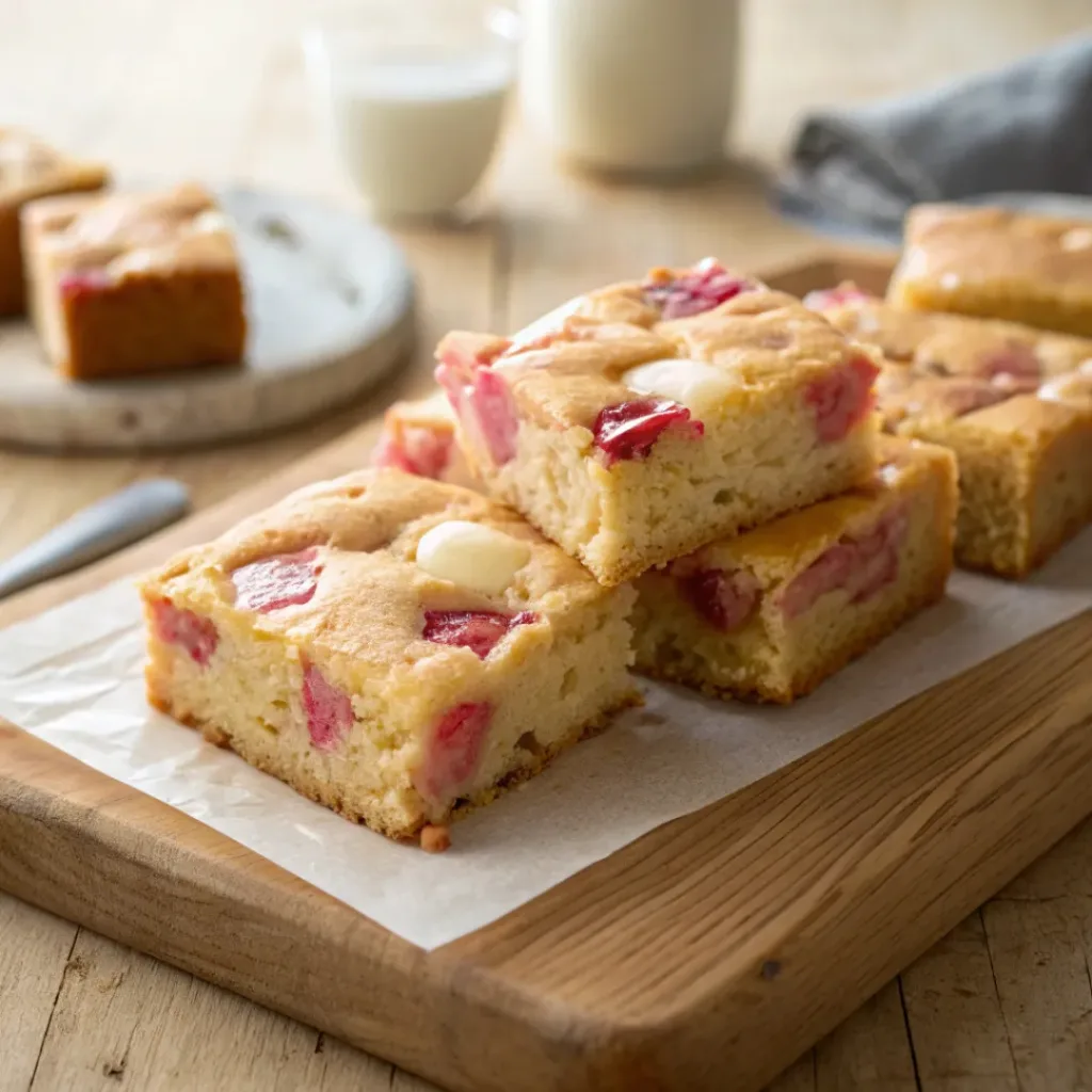 Golden blondies with pink rhubarb pieces and white chocolate chunks