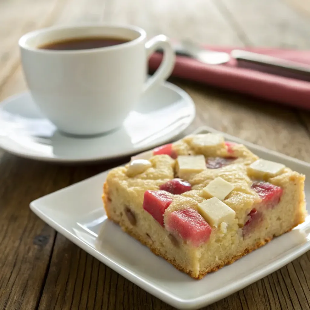 Blondie square with rhubarb and white chocolate served with coffee