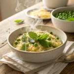 Creamy risotto with green peas and fresh mint leaves in a rustic bowl