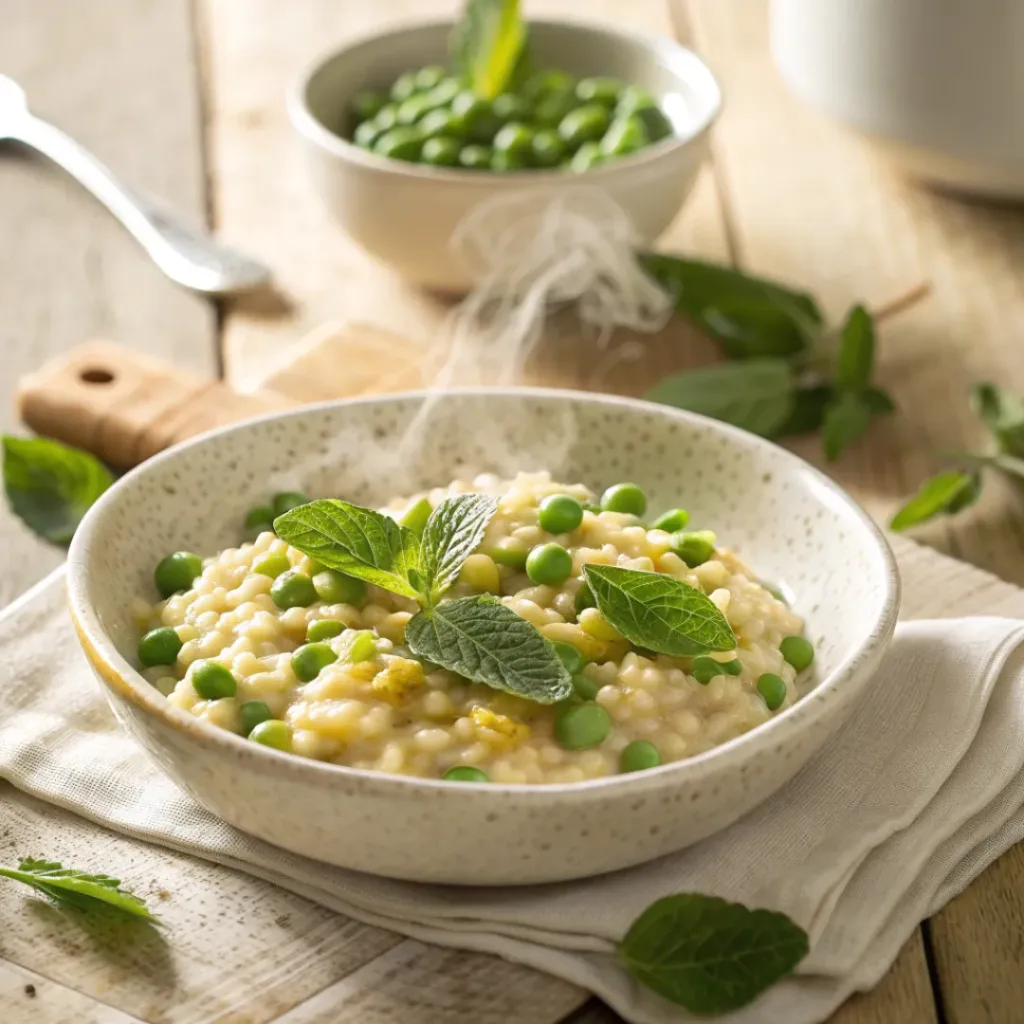 Plated risotto with green peas and mint