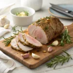 Roasted boneless leg of lamb with garlic and rosemary on a wooden board