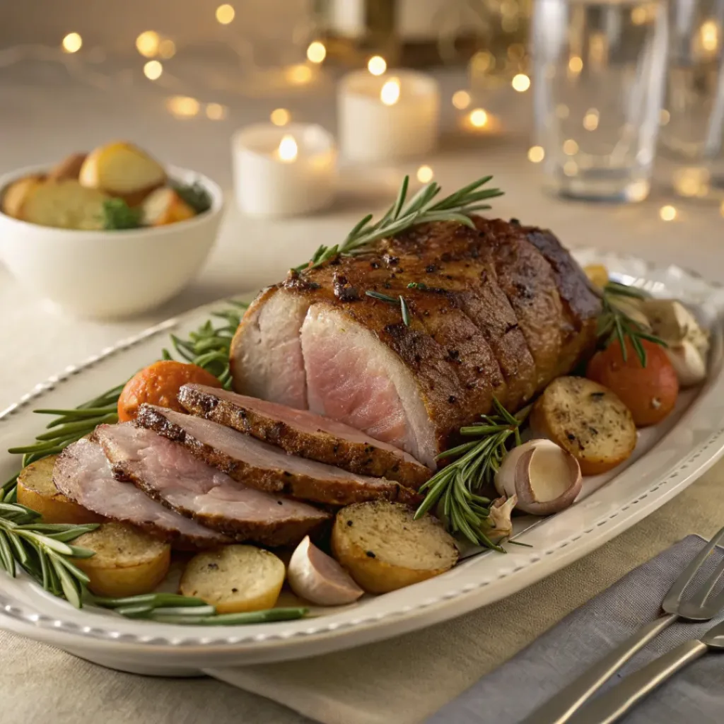 Sliced roasted leg of lamb served with vegetables and rosemary garnish