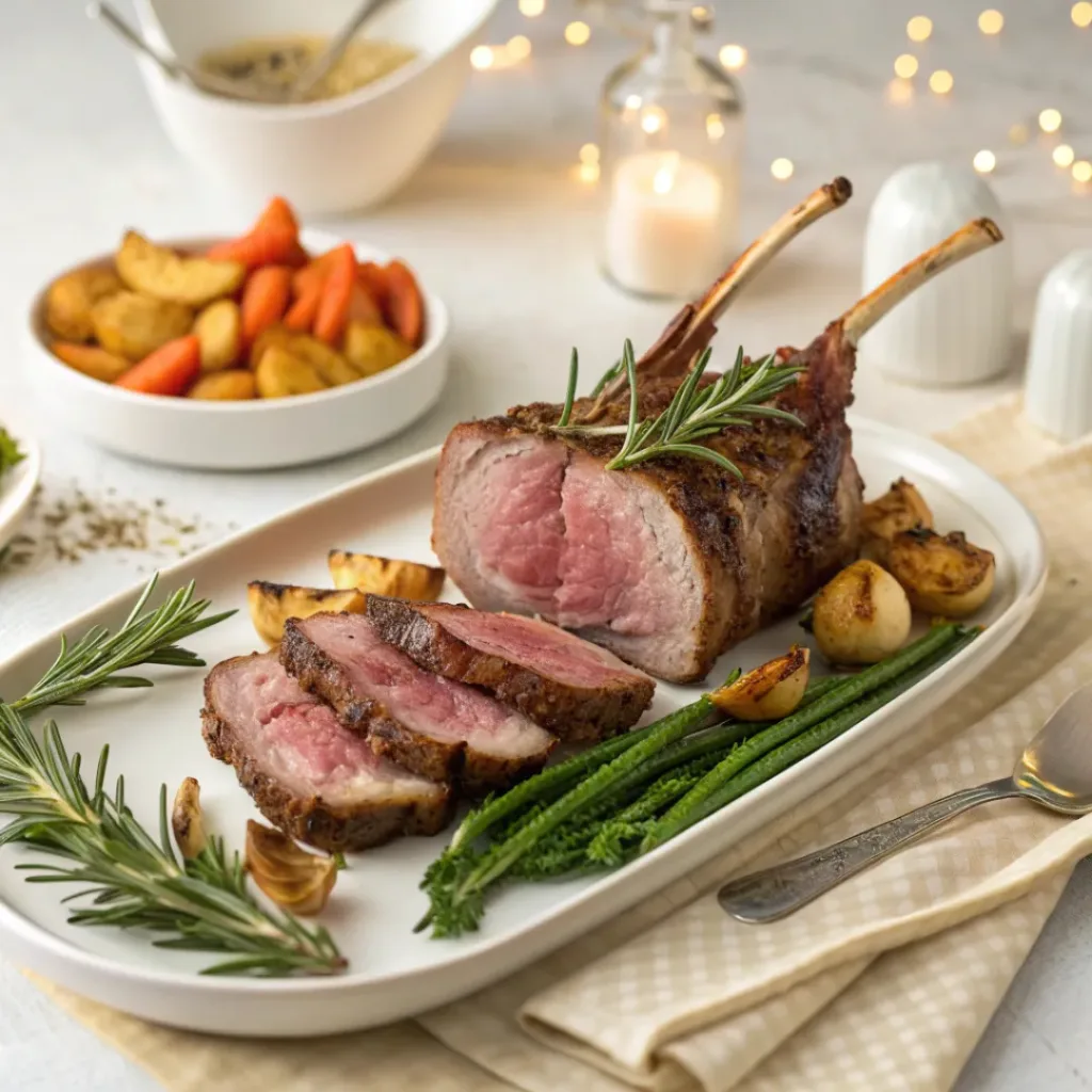 Sliced roasted rack of lamb served with vegetables and rosemary garnish