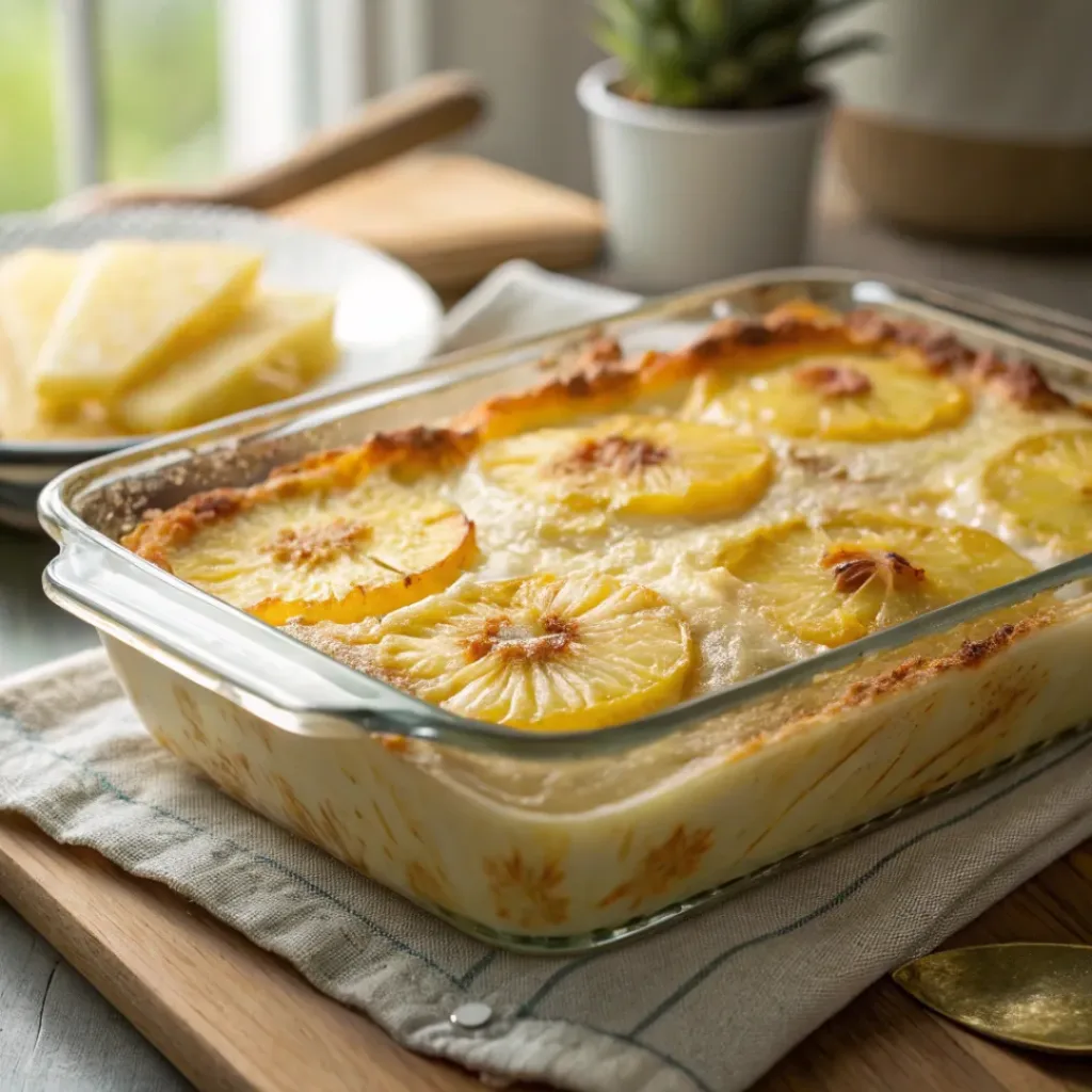 Golden scalloped pineapple casserole with creamy layers in a glass dish