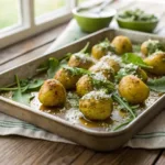 Golden roasted baby potatoes coated in green dandelion pesto on a sheet pan