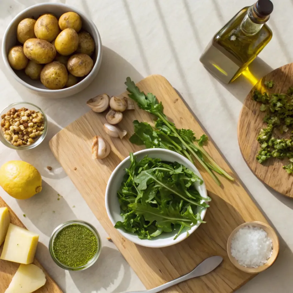 Sheet Pan Roasted Potatoes with Dandelion Pesto – Crispy & Herbaceous Side 6 Flat lay of baby potatoes, dandelion greens, Parmesan, walnuts, garlic, olive oil, and lemon for pesto
