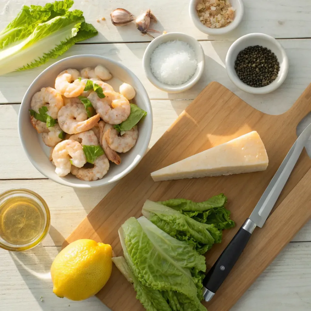 Flat lay of shrimp, romaine lettuce, Parmesan cheese, croutons, and lemon