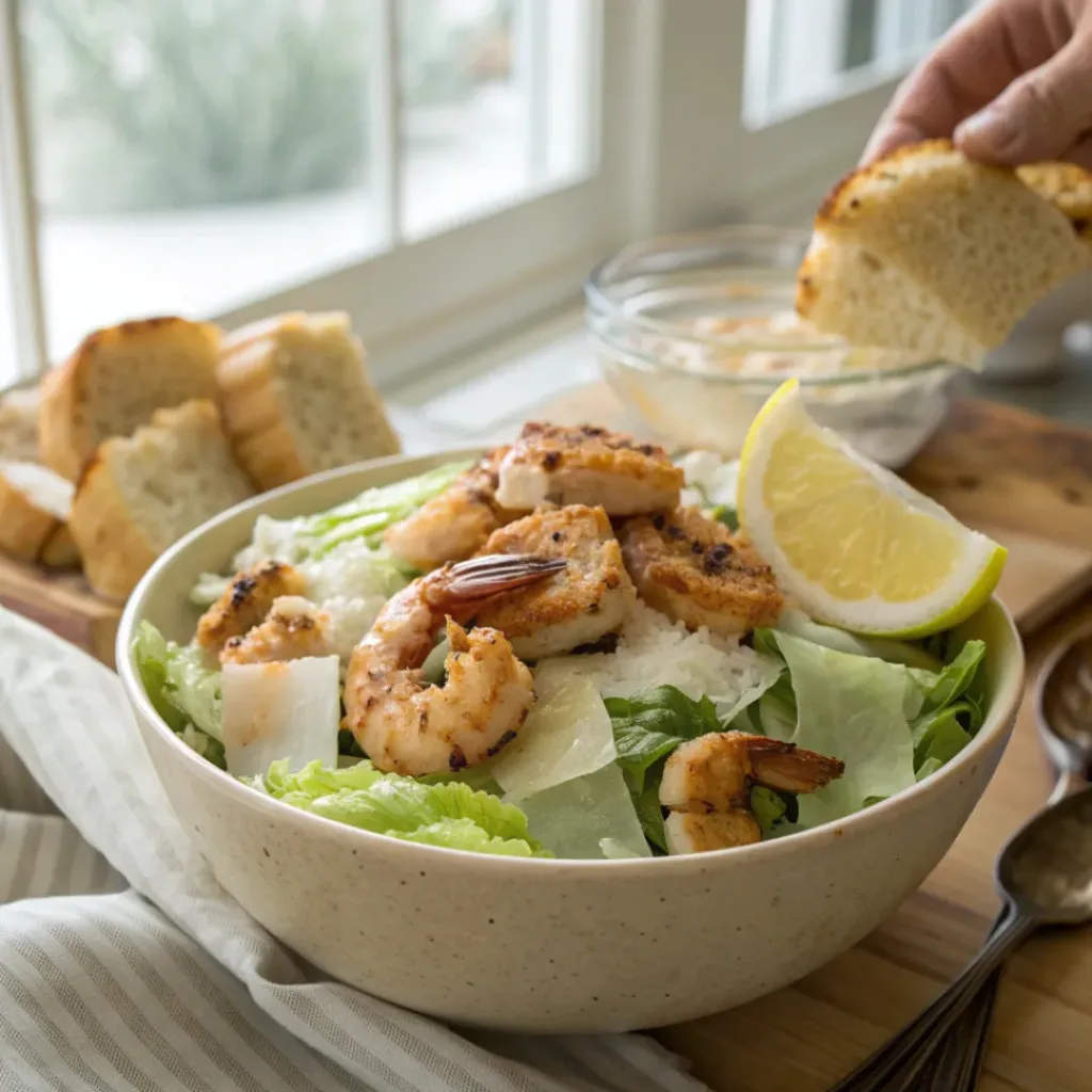Shrimp Caesar salad served with lemon wedges and crusty bread