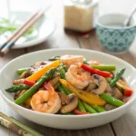 Shrimp and asparagus stir-fry with mushrooms and bell peppers