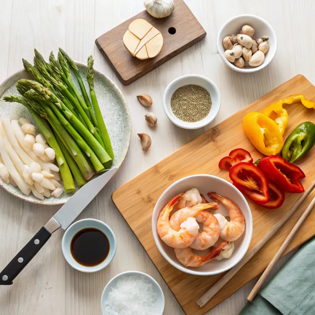 Flat lay of shrimp, asparagus, mushrooms, bell peppers, and seasonings