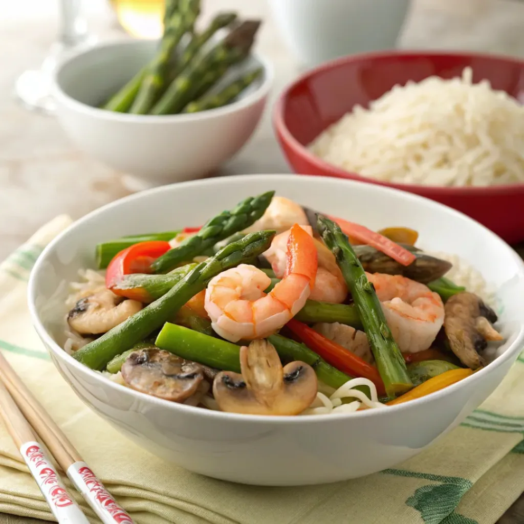 Shrimp and asparagus stir-fry with mushrooms served with rice