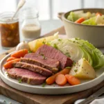 Slow cooker corned beef and cabbage served on a platter with carrots