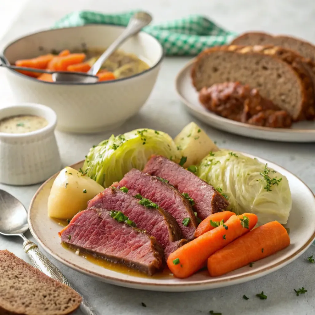 Slow Cooker Corned Beef and Cabbage – Tender & Savory 8 Plate of slow cooker corned beef and cabbage served with carrots and mustard