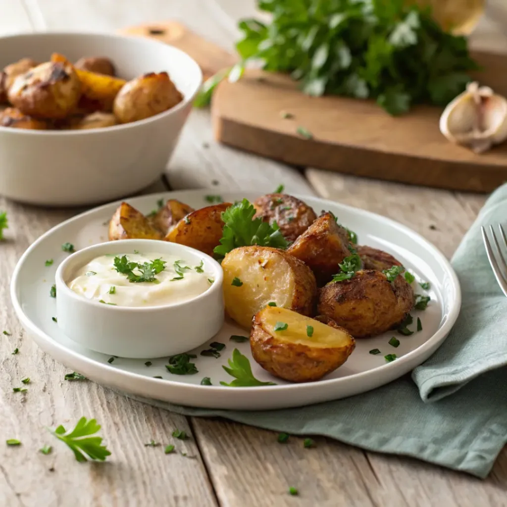 Crispy smashed potatoes served with garlic dipping sauce